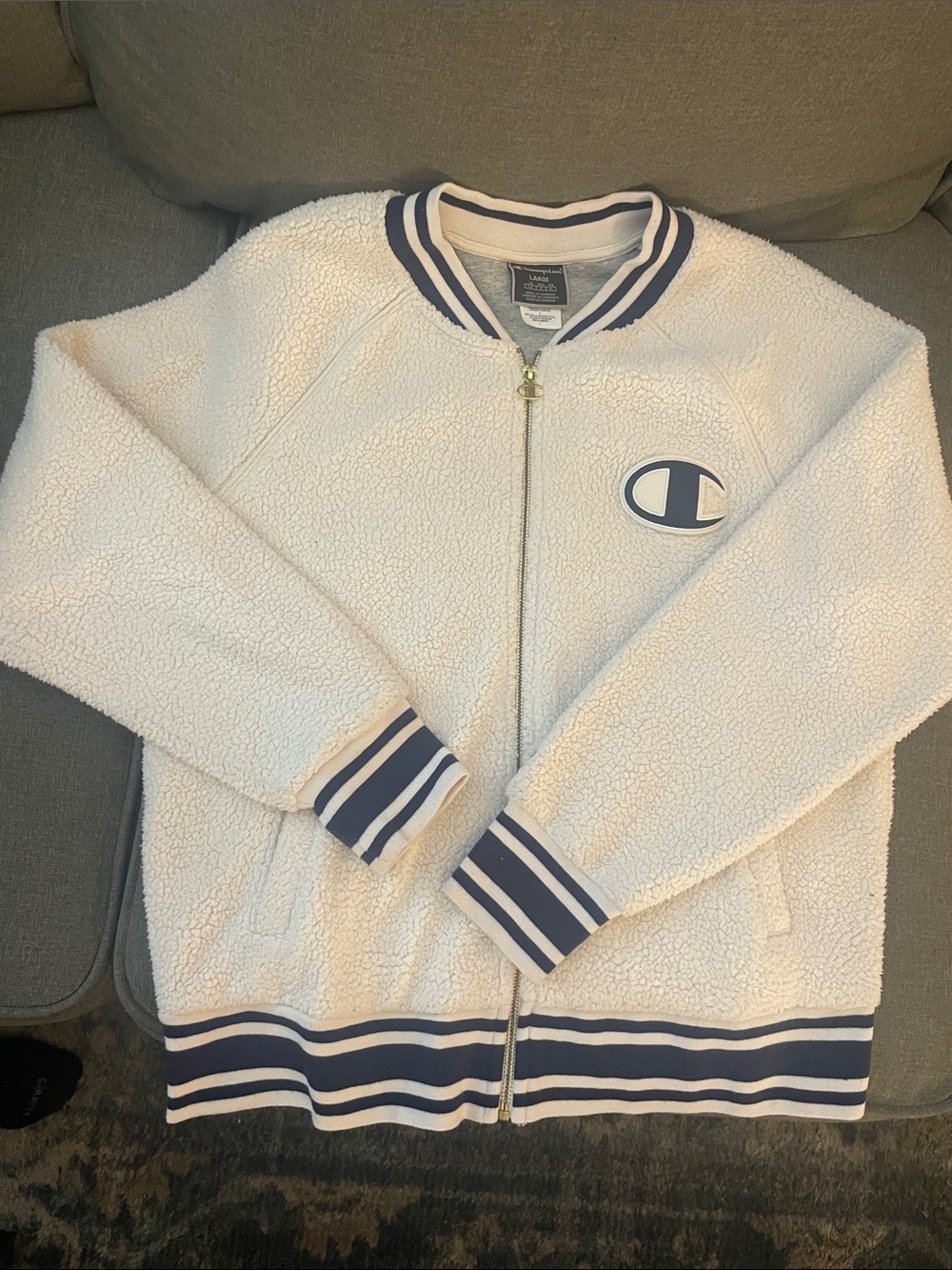 Adult Champion size Large Cream Sherpa Zip Jacket with Navy Trim